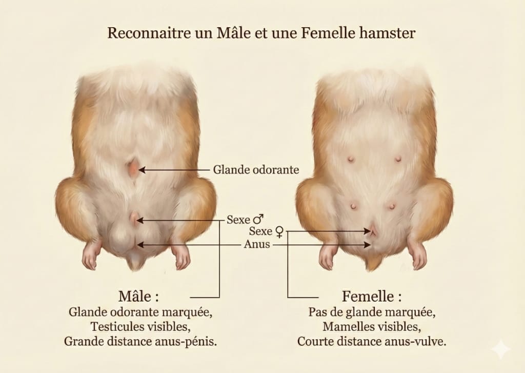 Schéma explicatif pour différencier un hamster mâle et femelle